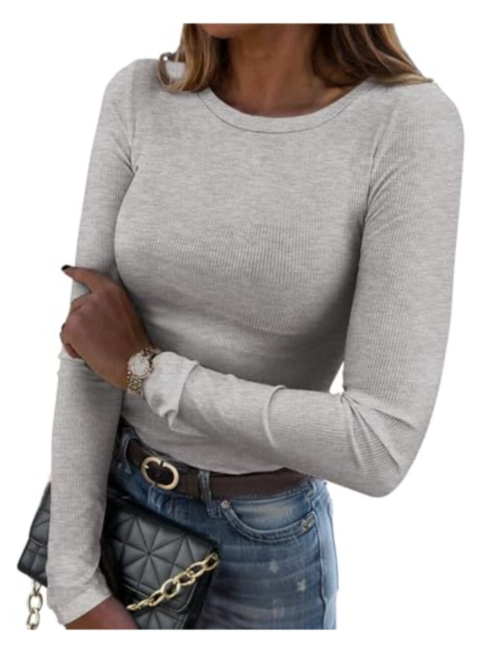 Long Sleeve Stretch Crewneck Ribbed T-Shirt Fitted Casual Basic Top 3 Pack